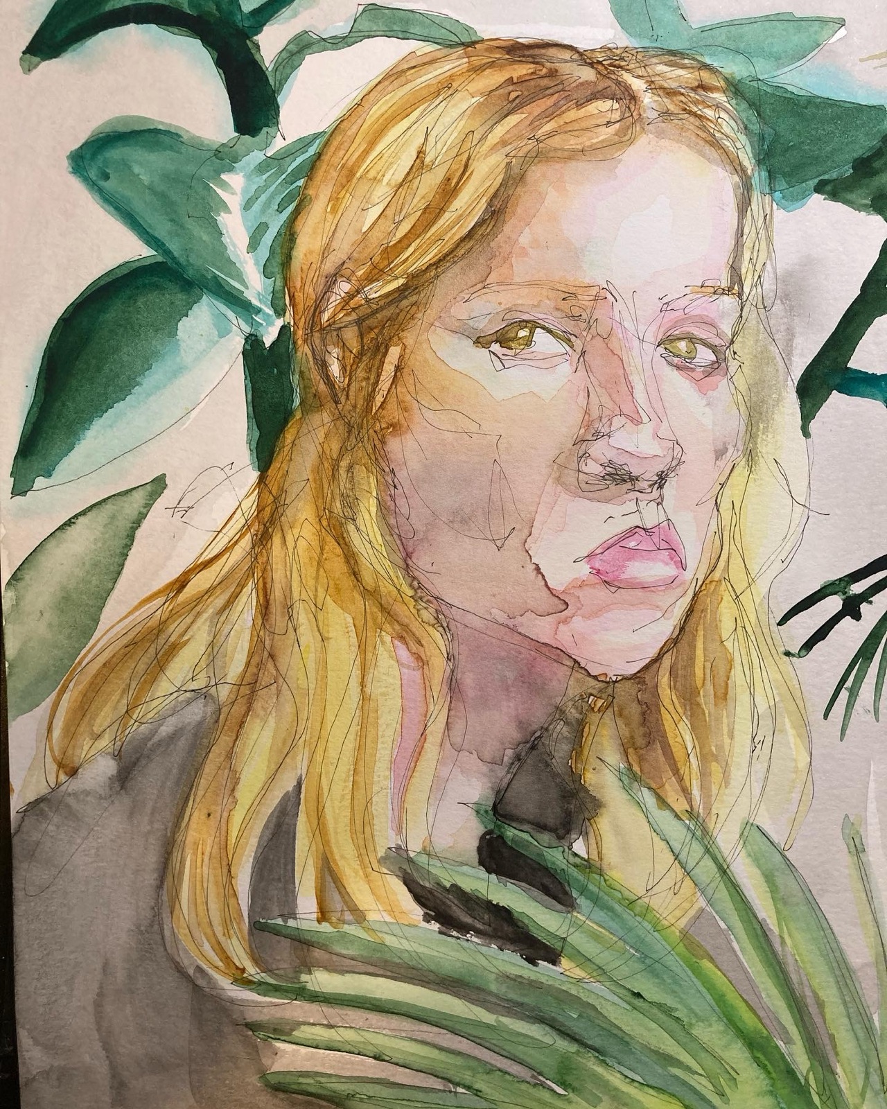 "Among the Leaves" — watercolor and ink portrait
