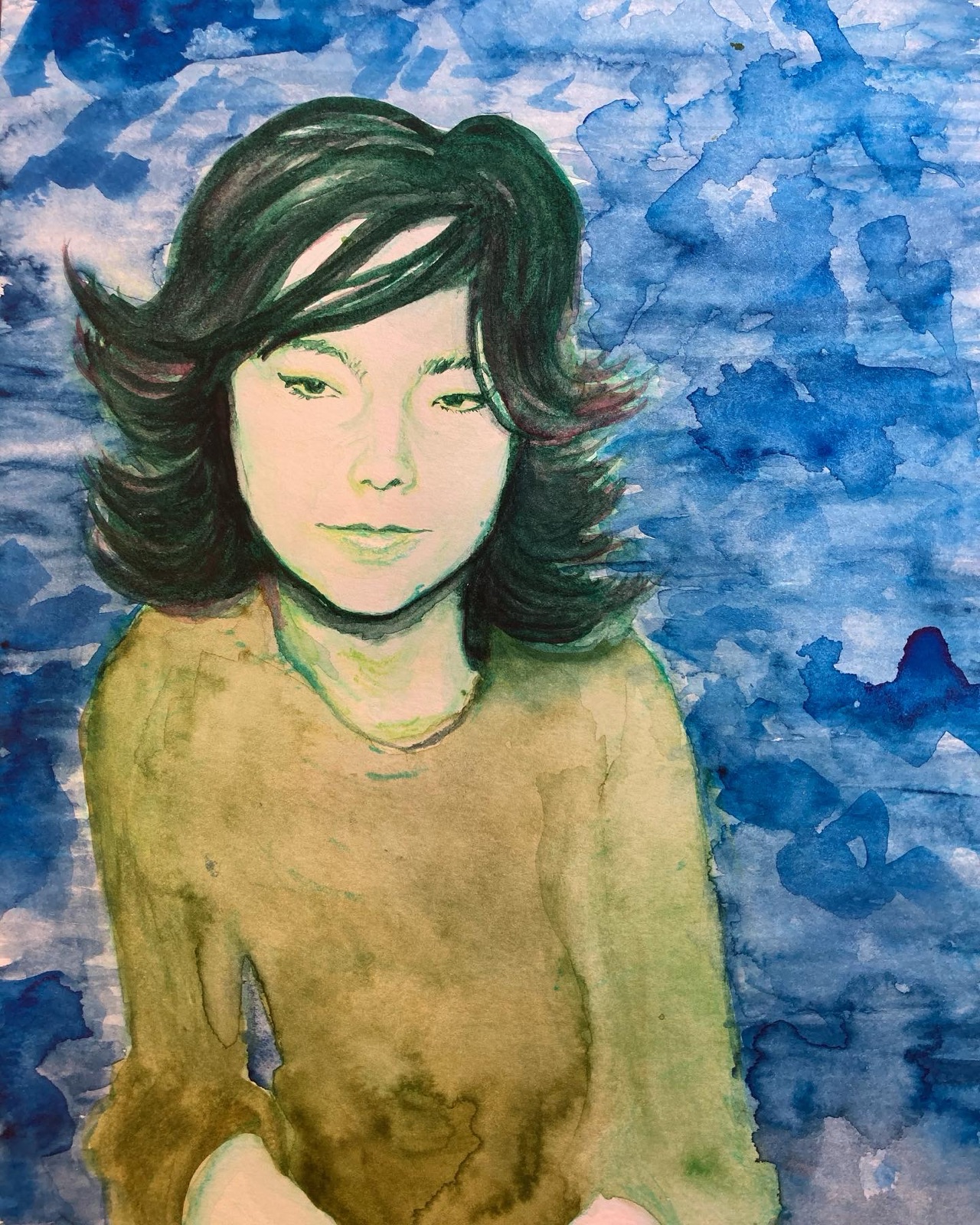 "Cool Light" — watercolor and ink portrait