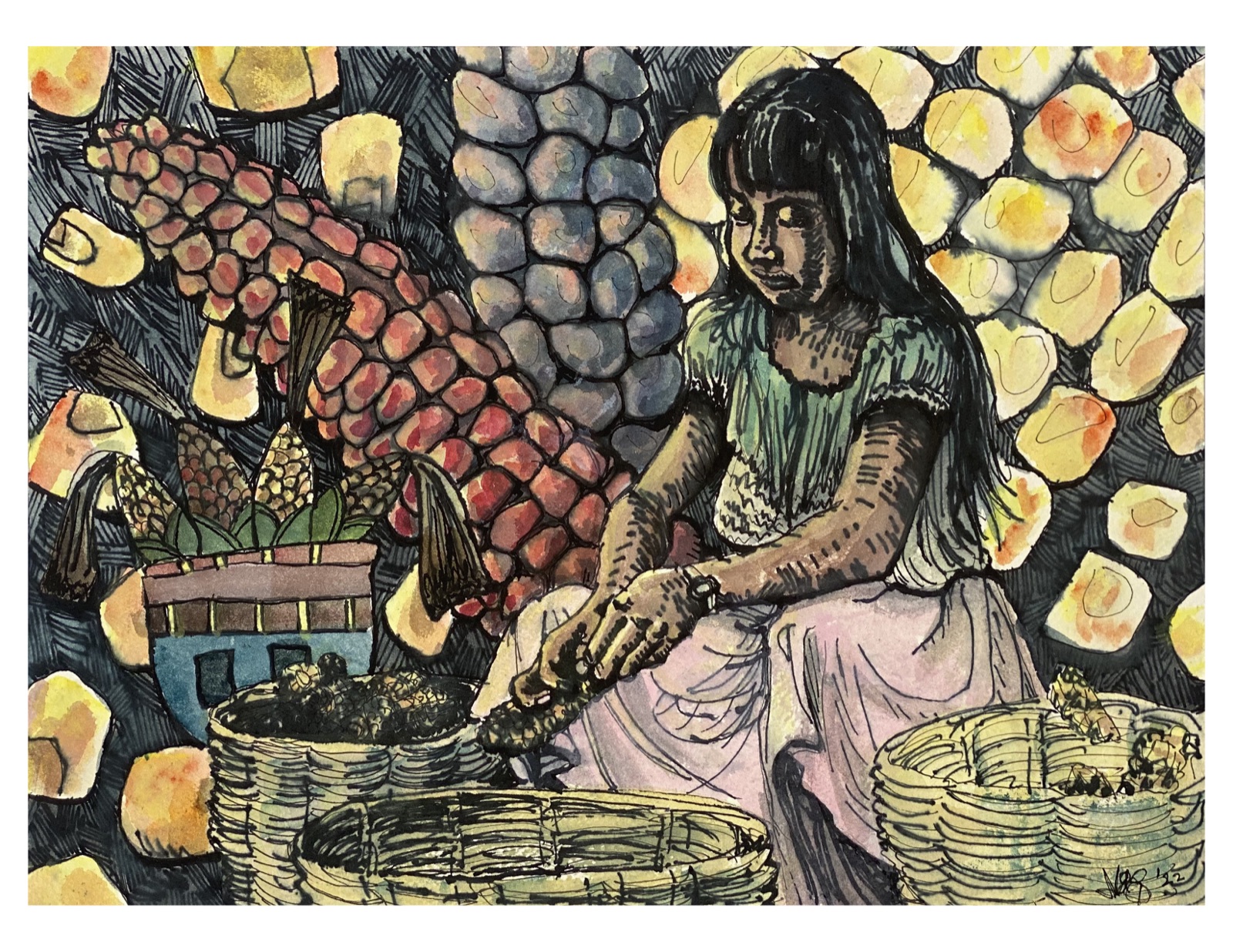 "Corn Lady" — watercolor and ink folk scene
