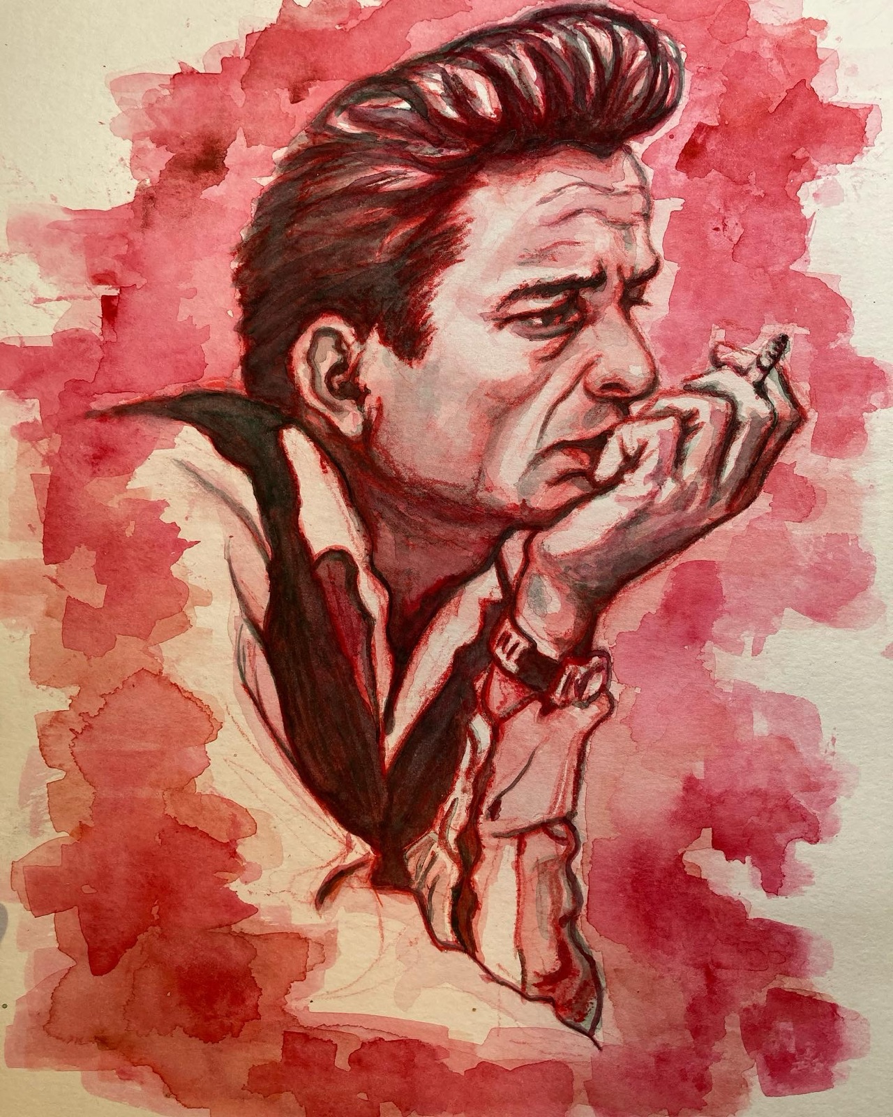 "Crimson" — watercolor and ink portrait