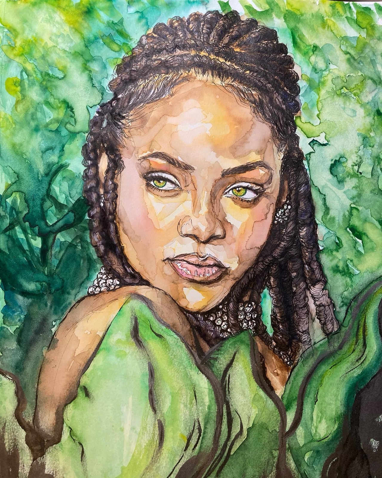 "Emerald" — watercolor and ink portrait