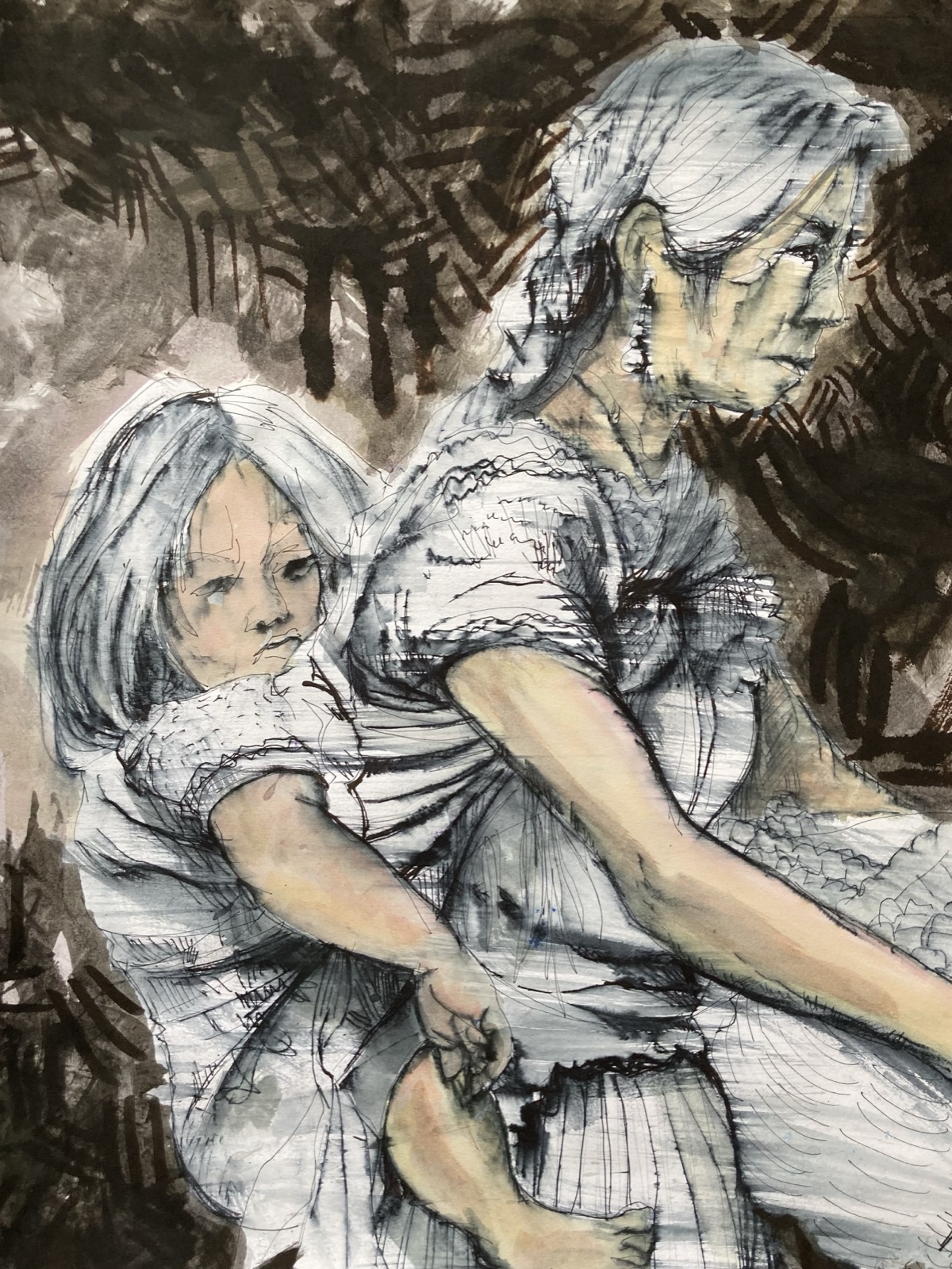 "Held" — watercolor and ink figures