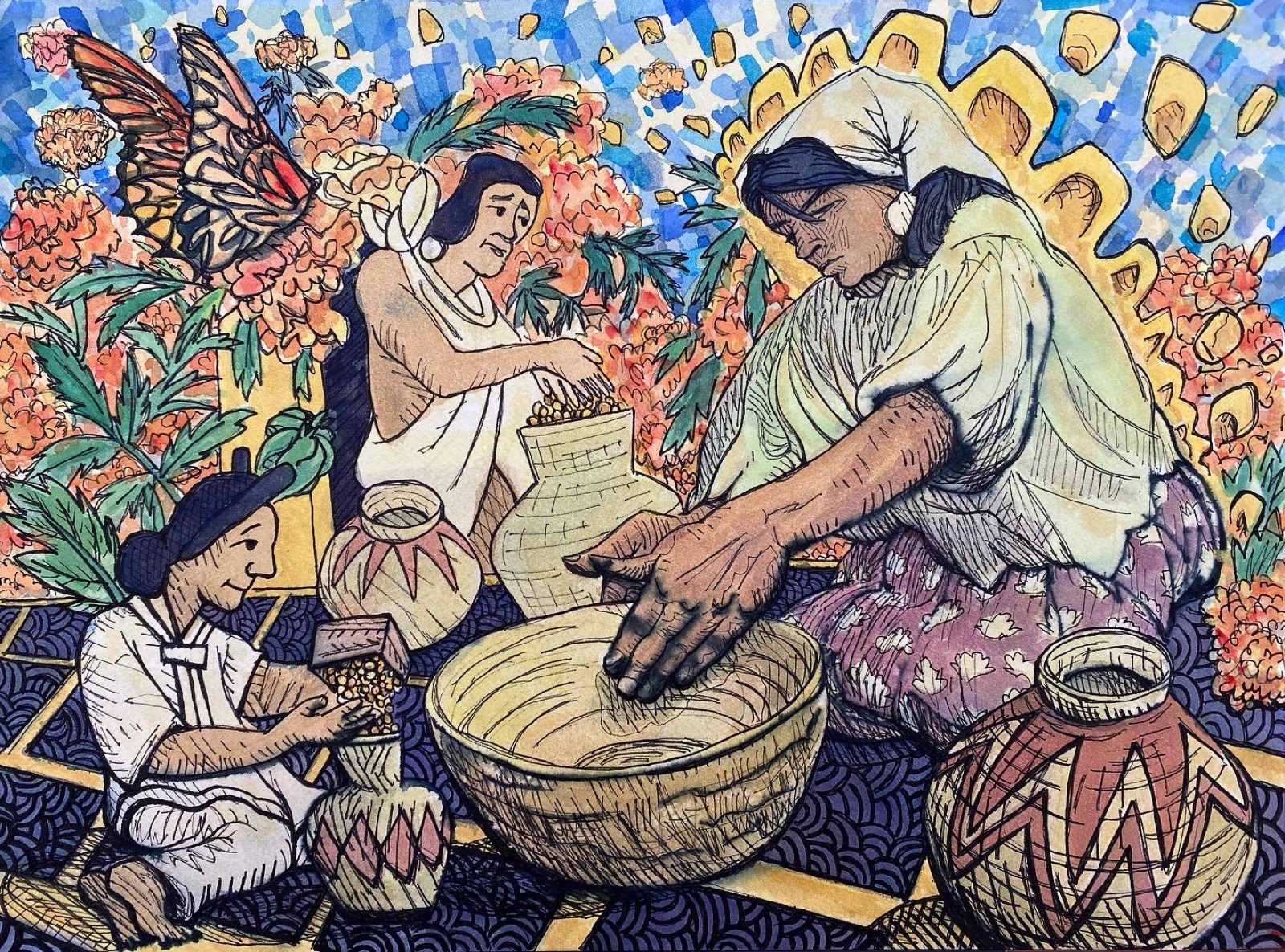 "Marigold" — watercolor and ink folk scene