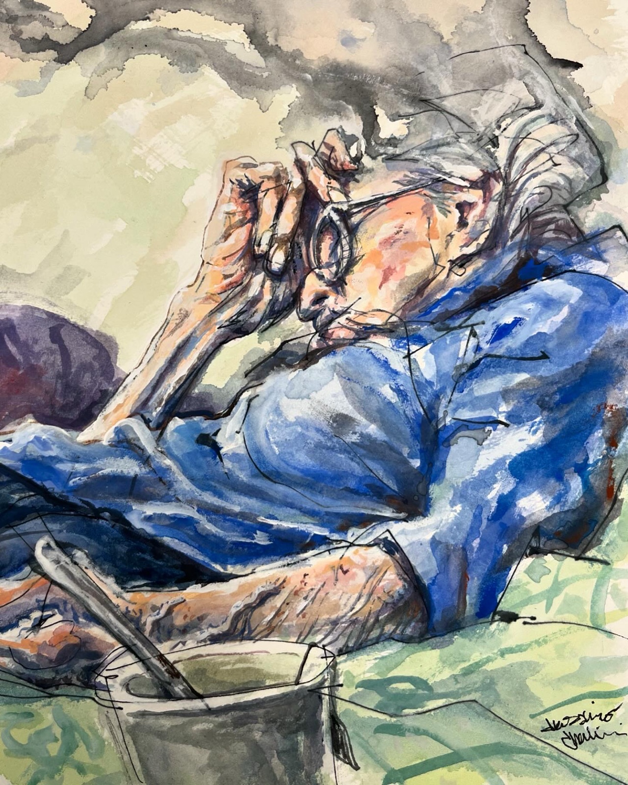 "Smoke Break" — watercolor and ink portrait