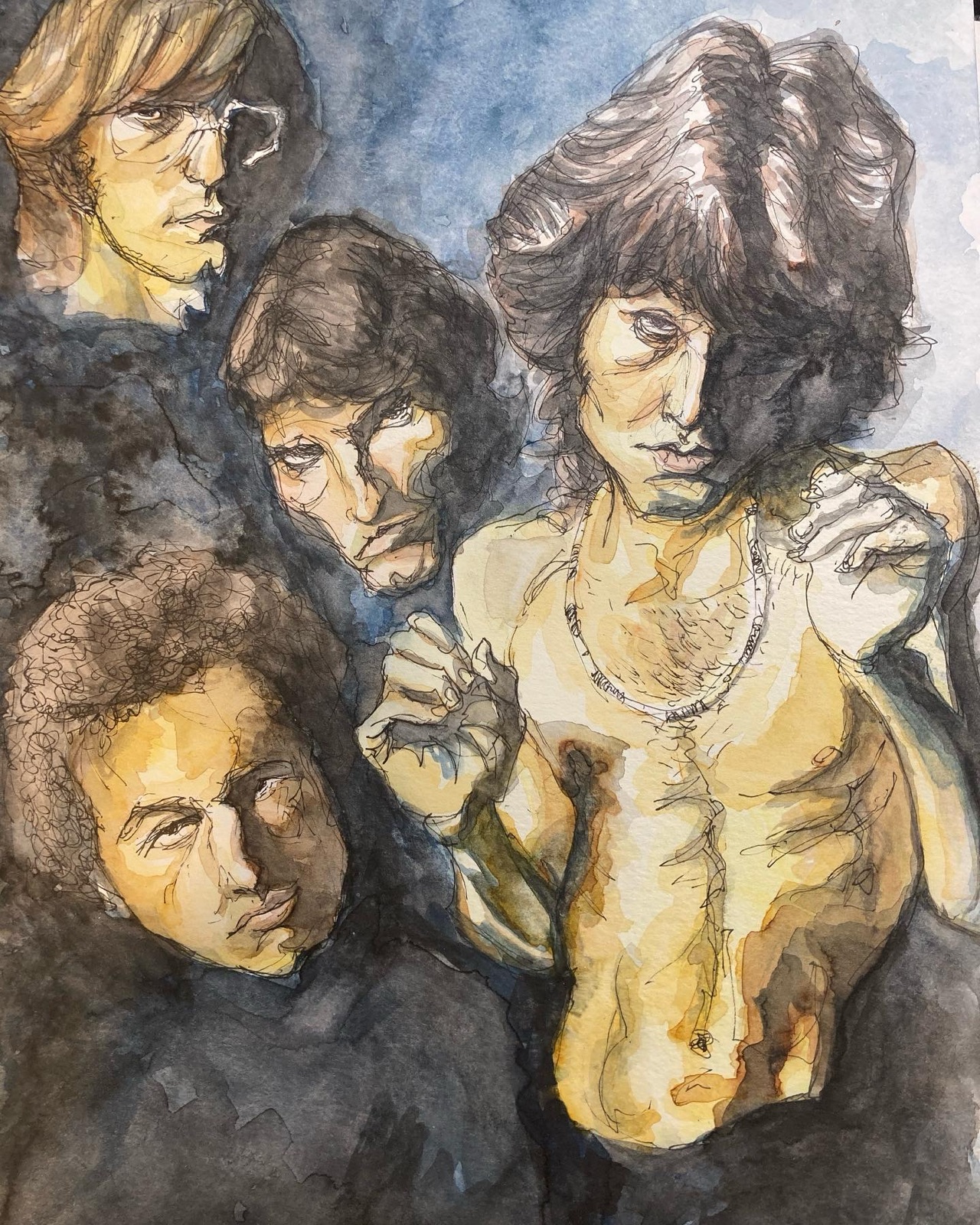 "The Gathering" — watercolor and ink group portrait
