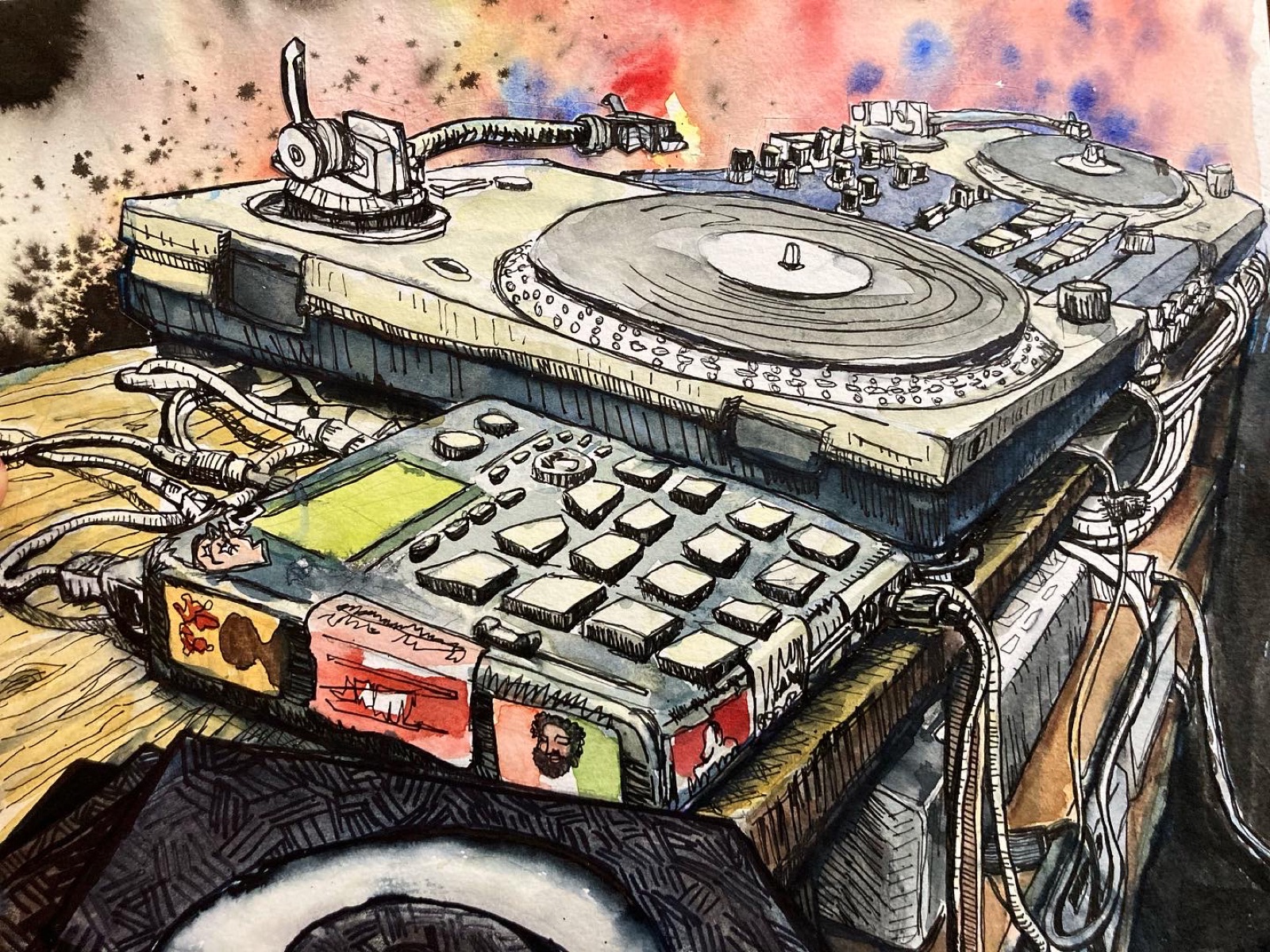 "The Set" — watercolor and ink illustration of DJ turntables