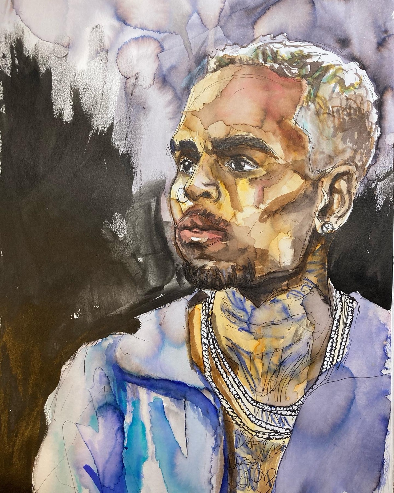 "Violet Hour" — watercolor and ink portrait